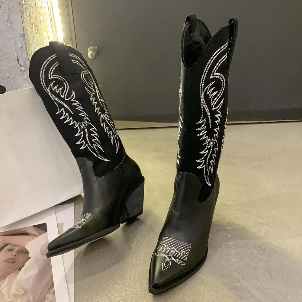 🛑AT COST! Black Embroidered Aztec Western Boho Festival Boot Vegan Suede leather - Picture 6 of 9
